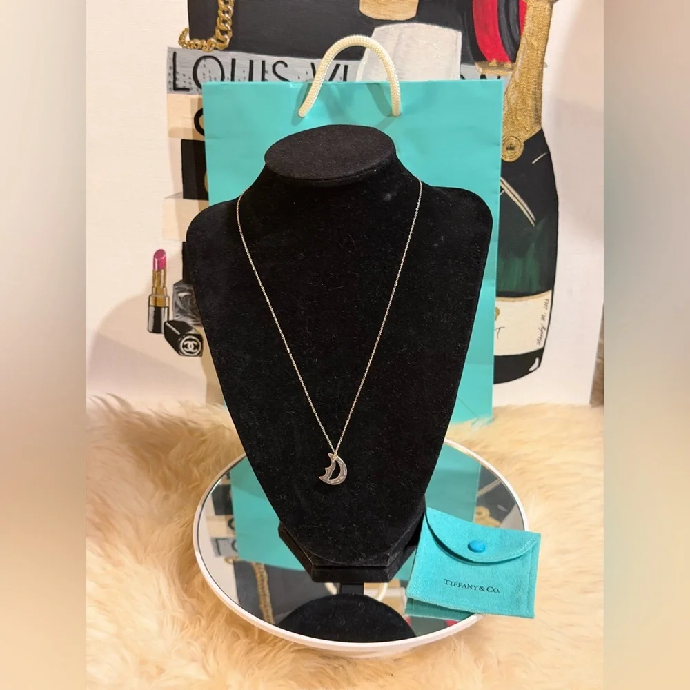 🔥 TIFFANY & Co. CRESCENT MOON PENDANT NECKLACE By PICASSO 925 SILVER w/ Pouch